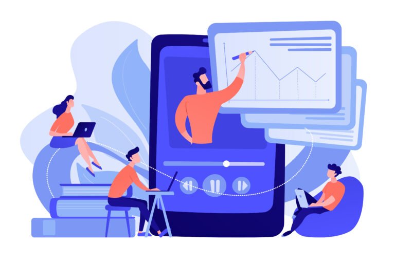 Students watching recorded lecture with professor talking from tablet. Podcast courses, audio and video recording, class recording access concept. Vector isolated illustration.