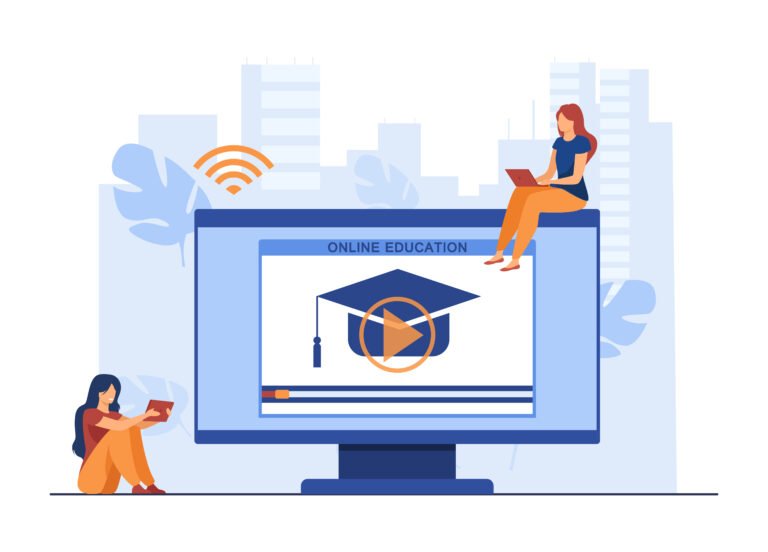 Tiny women learning online on computer. Screen, laptop, hat flat vector illustration. E-learning and education concept for banner, website design or landing web page